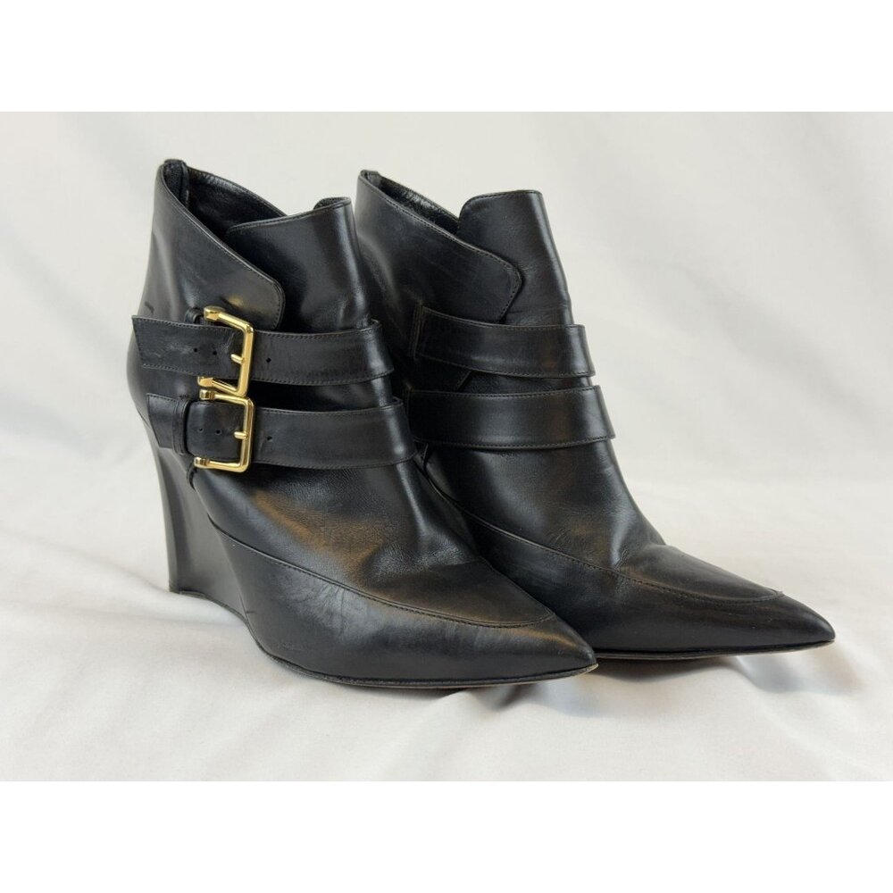 Derek Lam Marta Runway Shiny Calfskin Leather Buckle Ankle Boots Wedge Heel 7.5U